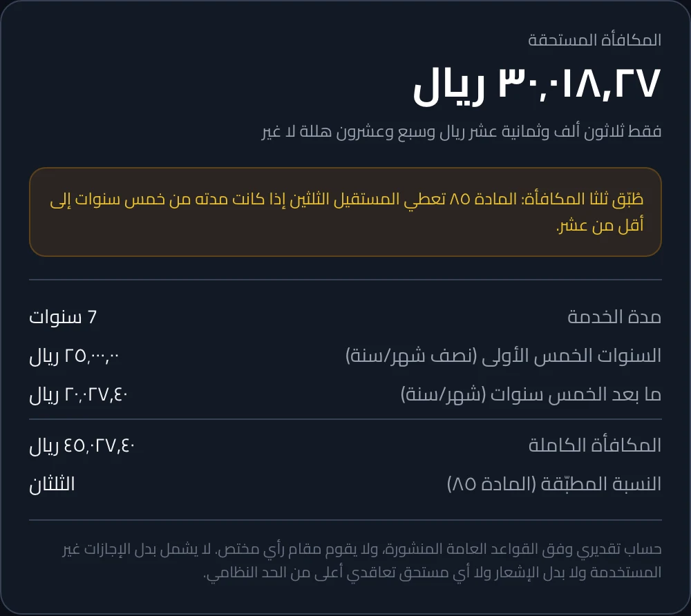 تفصيل مكافأة نهاية الخدمة عند الاستقالة بعد سبع سنوات — نصيب كل شريحة والنسبة المطبّقة